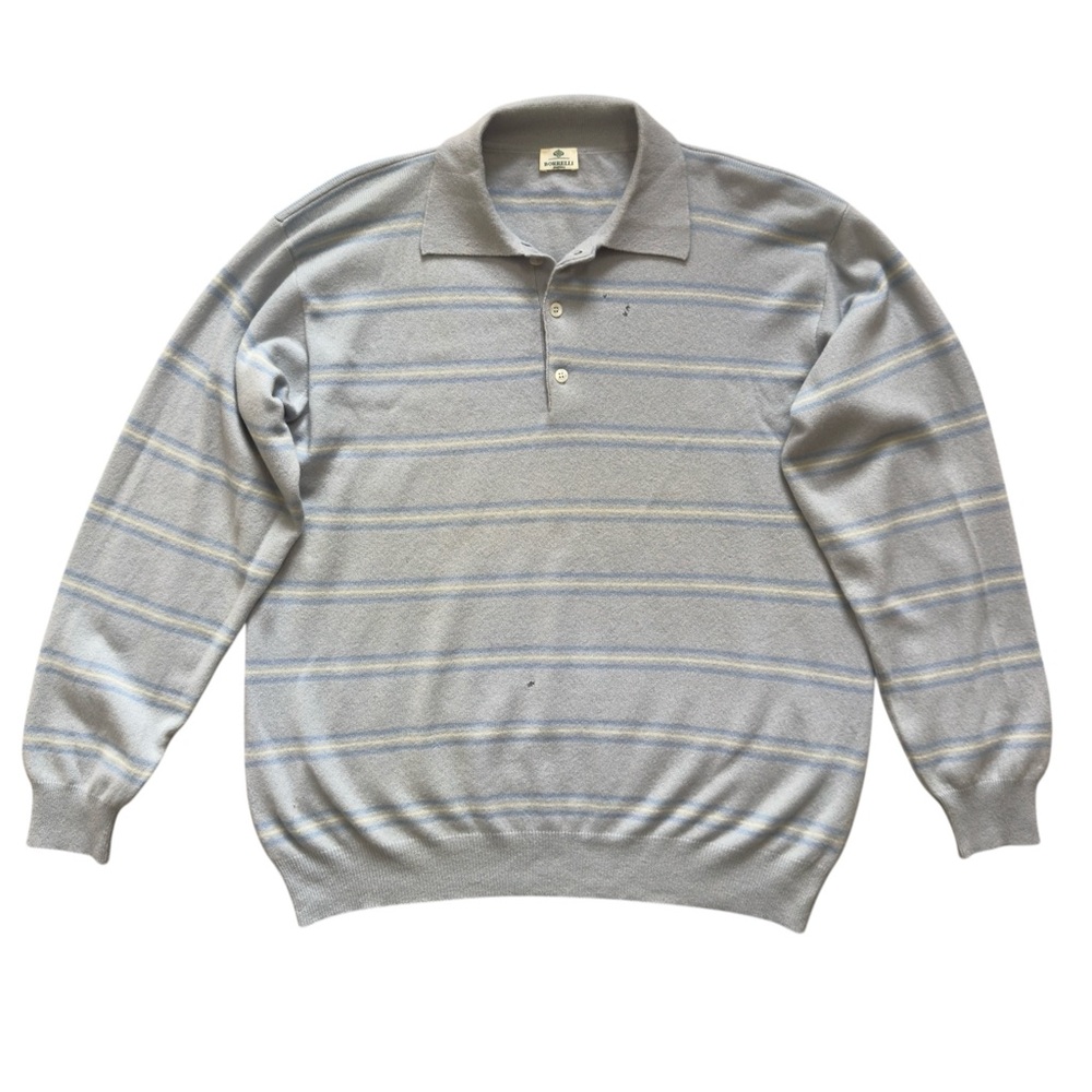 Borrelli Napoli Blue Striped 100% Cashmere Polo Sweater